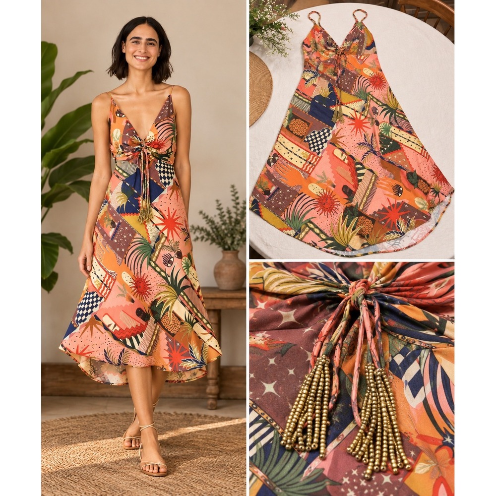 Farm Rio Dress Mixed Tropical Patchwork Midi Mystic City Beaded Tassels Orange L